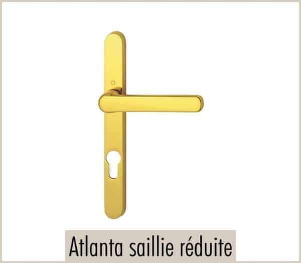 Poignée Atlanta saillie réduite, ton laiton, pour porte-fenêtre PVC.